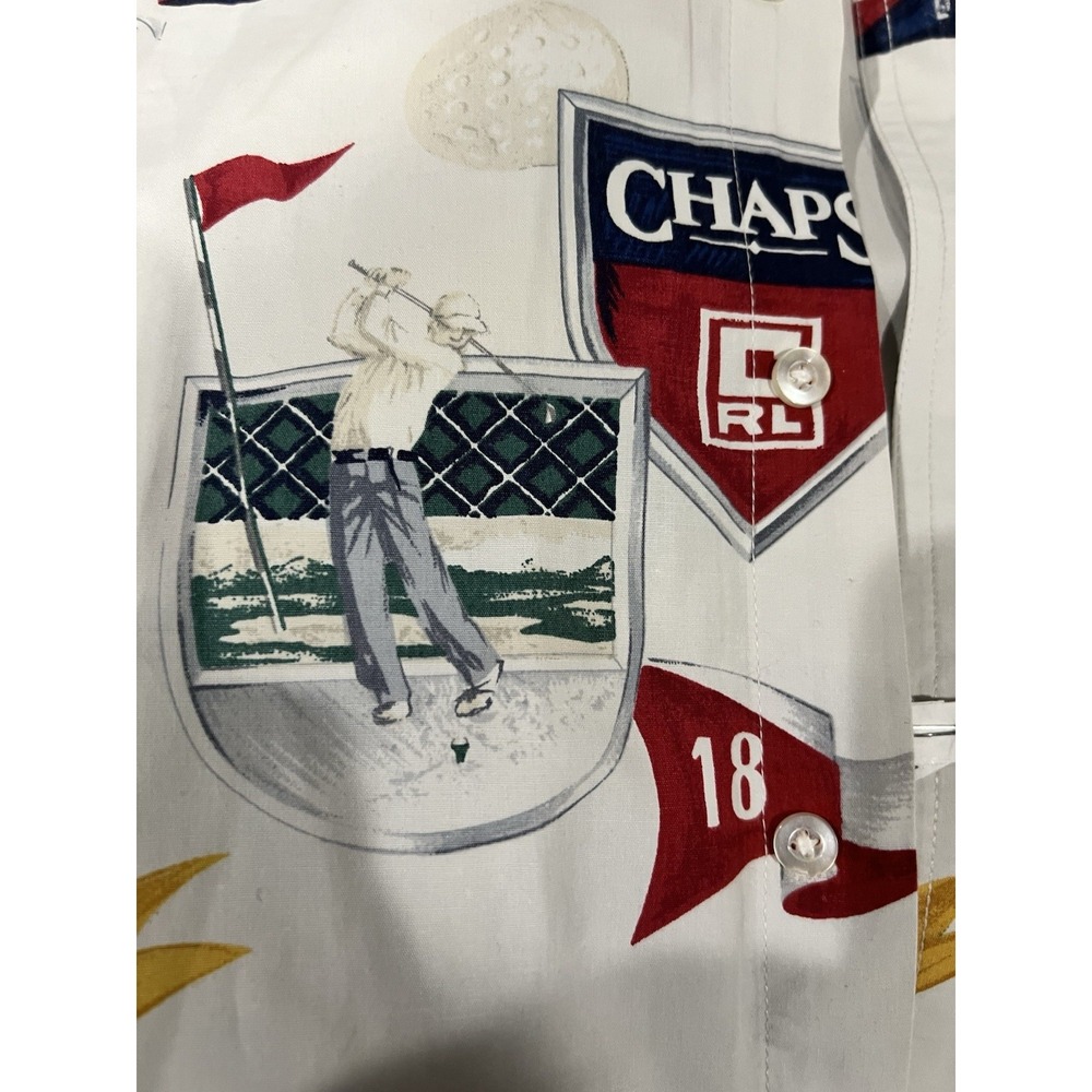 Vintage Chaps Ralph Lauren Mens XL White Short Sleeve Cotton Golf Graphic Shirt